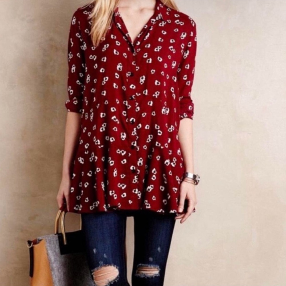 Anthropologie 11 1 Tylho Button Front Floral Blouse Red Size XS